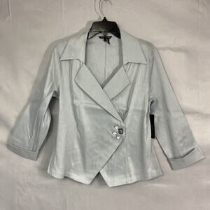 NIC+ZOE Shirt Womens L Linen Blnd Gray Faux Wrap Button Blouse Embellished V